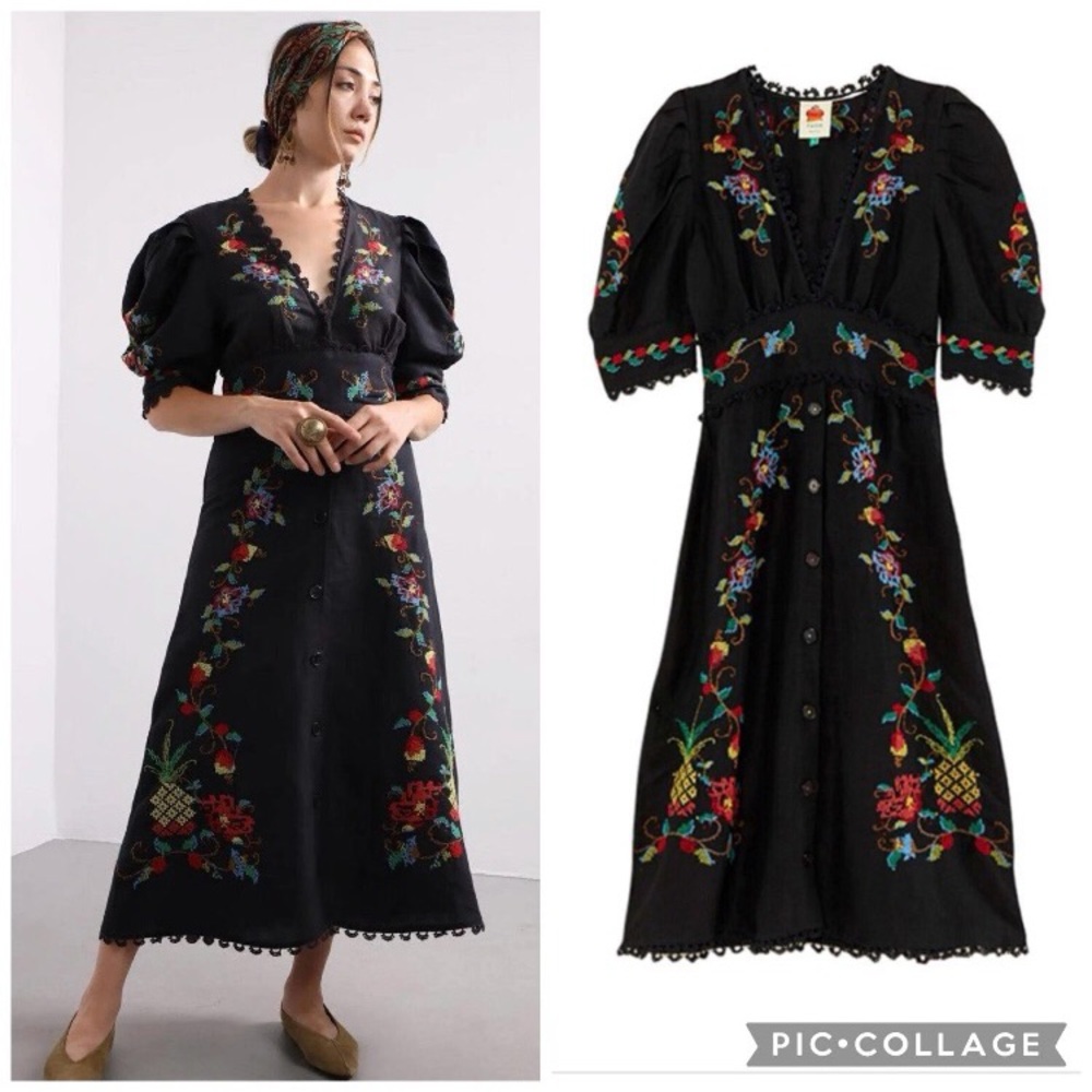FARM Rio Dress Midi NWT Black Linen XL Cross Stitch Embroidery Puff Sleeve Vee - Picture 7 of 16